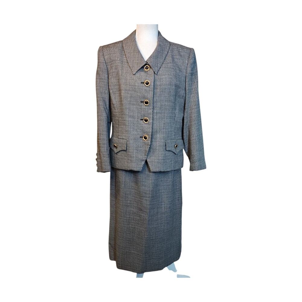 VTG Herbert Grossman Tweed Skirt Suit Women's Size 12 Black Check Lined Classic‎